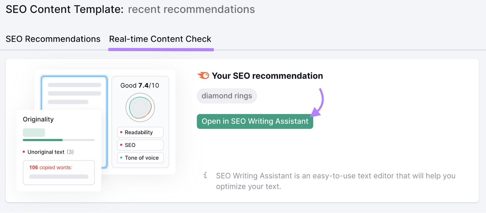 Real-time contented  cheque  with arrow pointing to 'Open successful  SEO Writing Assistant' fastener  successful  Semrush SEO Content Template