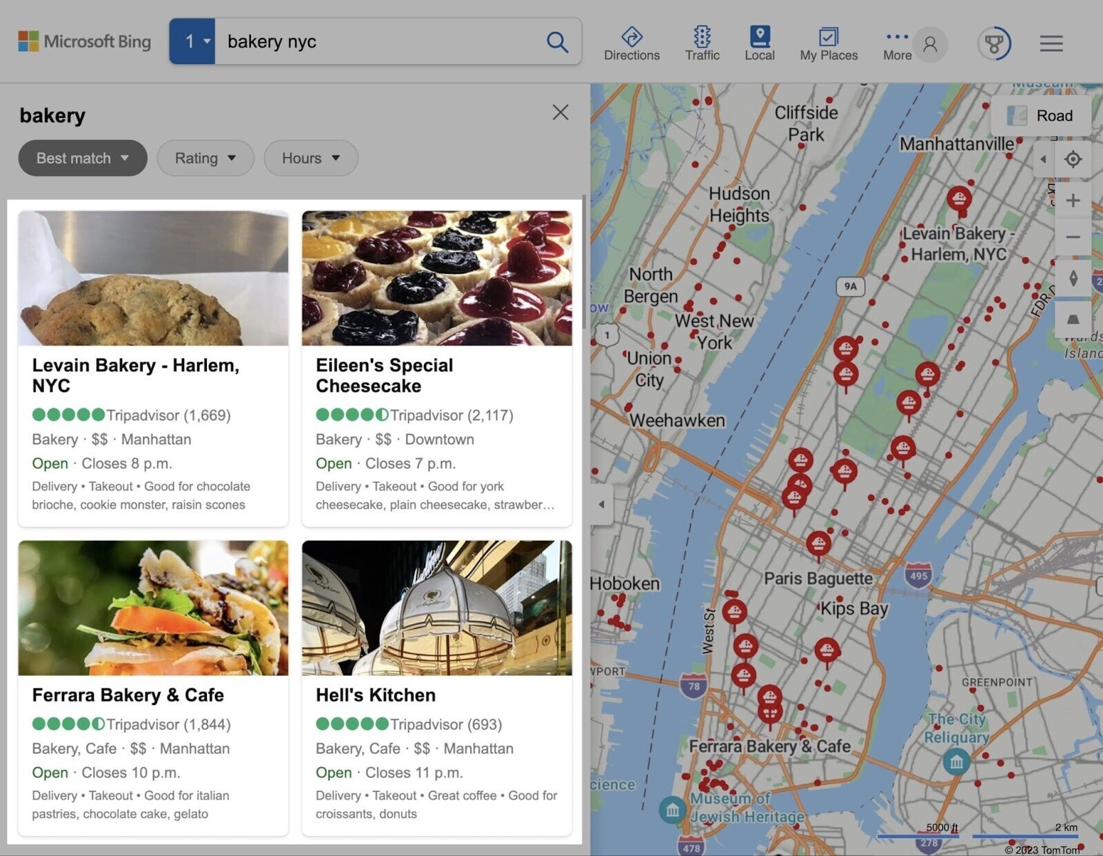 Bing Maps results also displays business listings with images