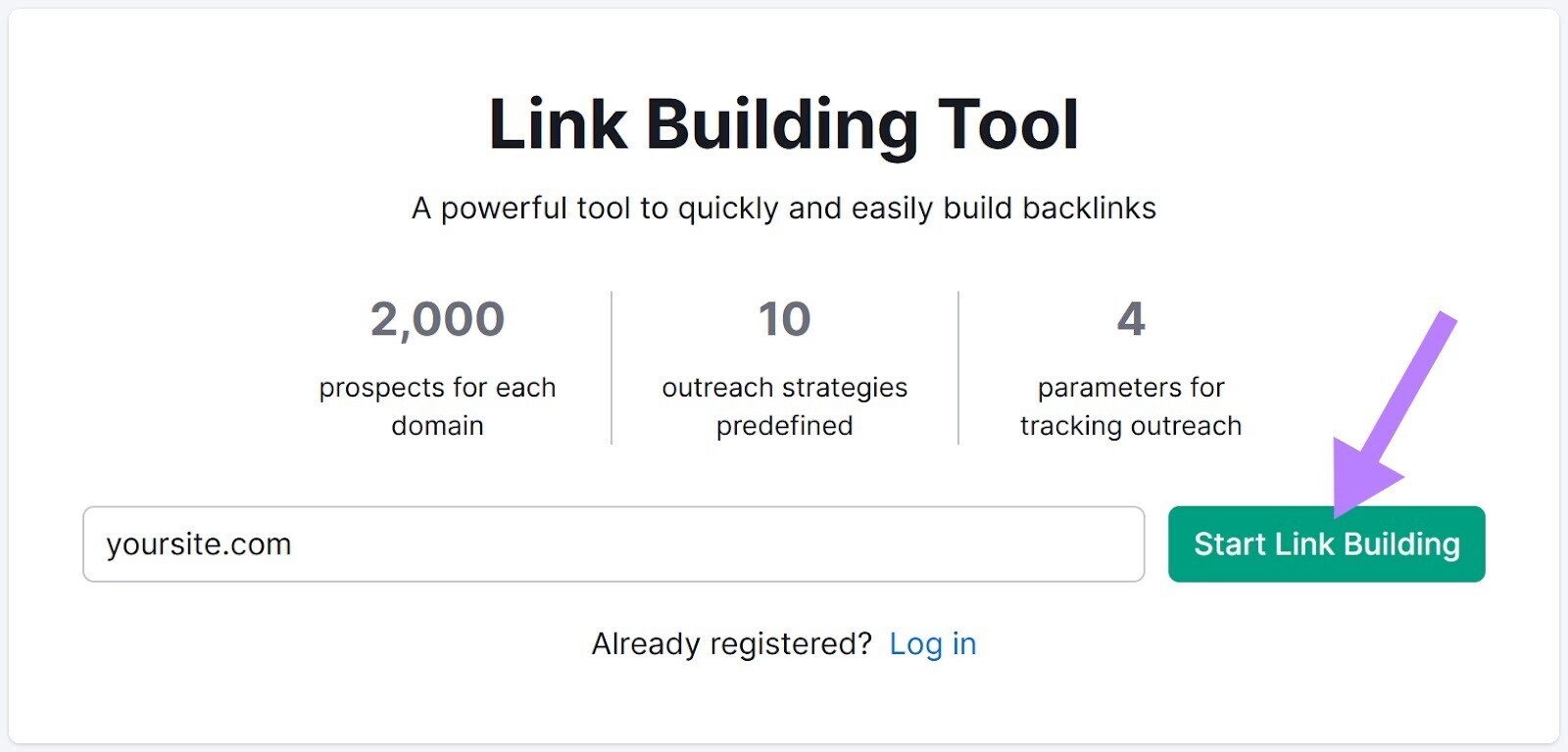 screenshot of Link Building Tool search bar with “Start Link Building” button