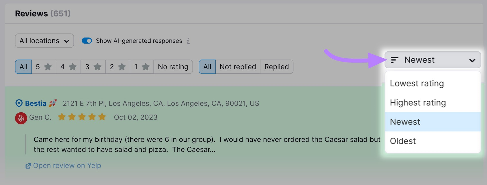 Filtering reviews by "Newest" in Listing Management