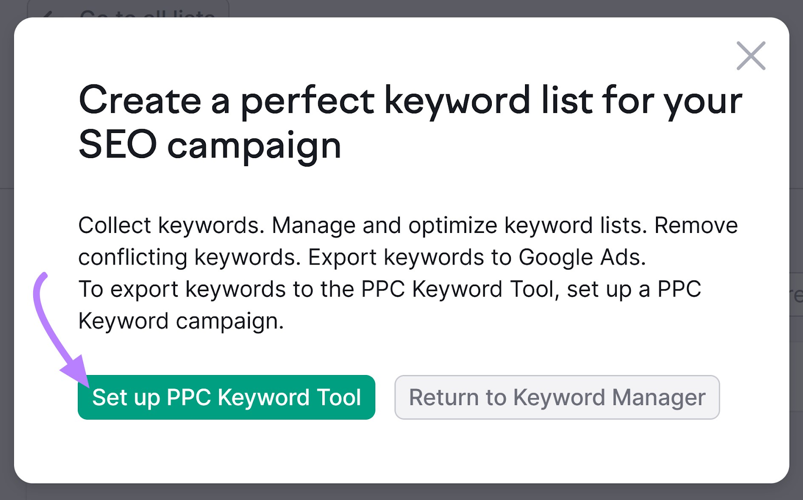 'Create a perfect keyword list for your SEO campaign' dialogue box with 'Set up PPC Keyword Tool' button highlighted in Semrush Keyword Strategy Builder