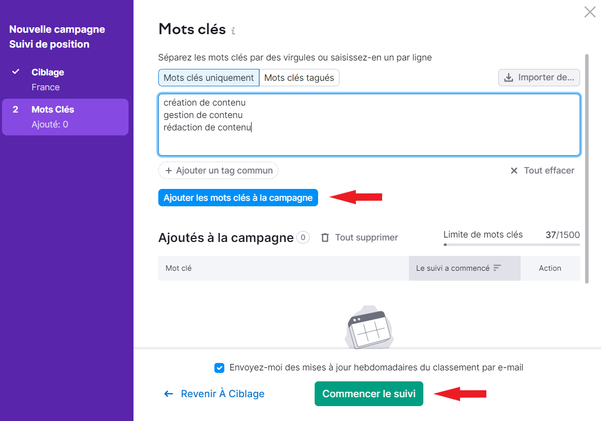 Paramétrage des mots clés dans Suivi de position