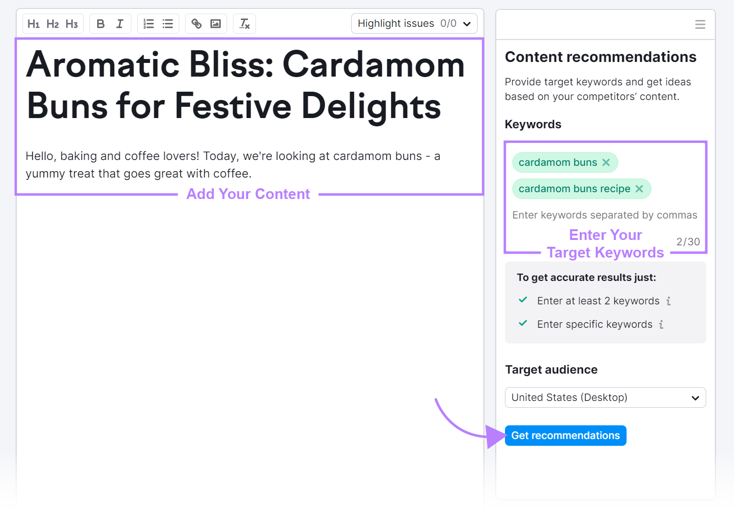 "cardamom buns," and "cardamom buns recipe" keyword entered into SEO Writing Assistant tool