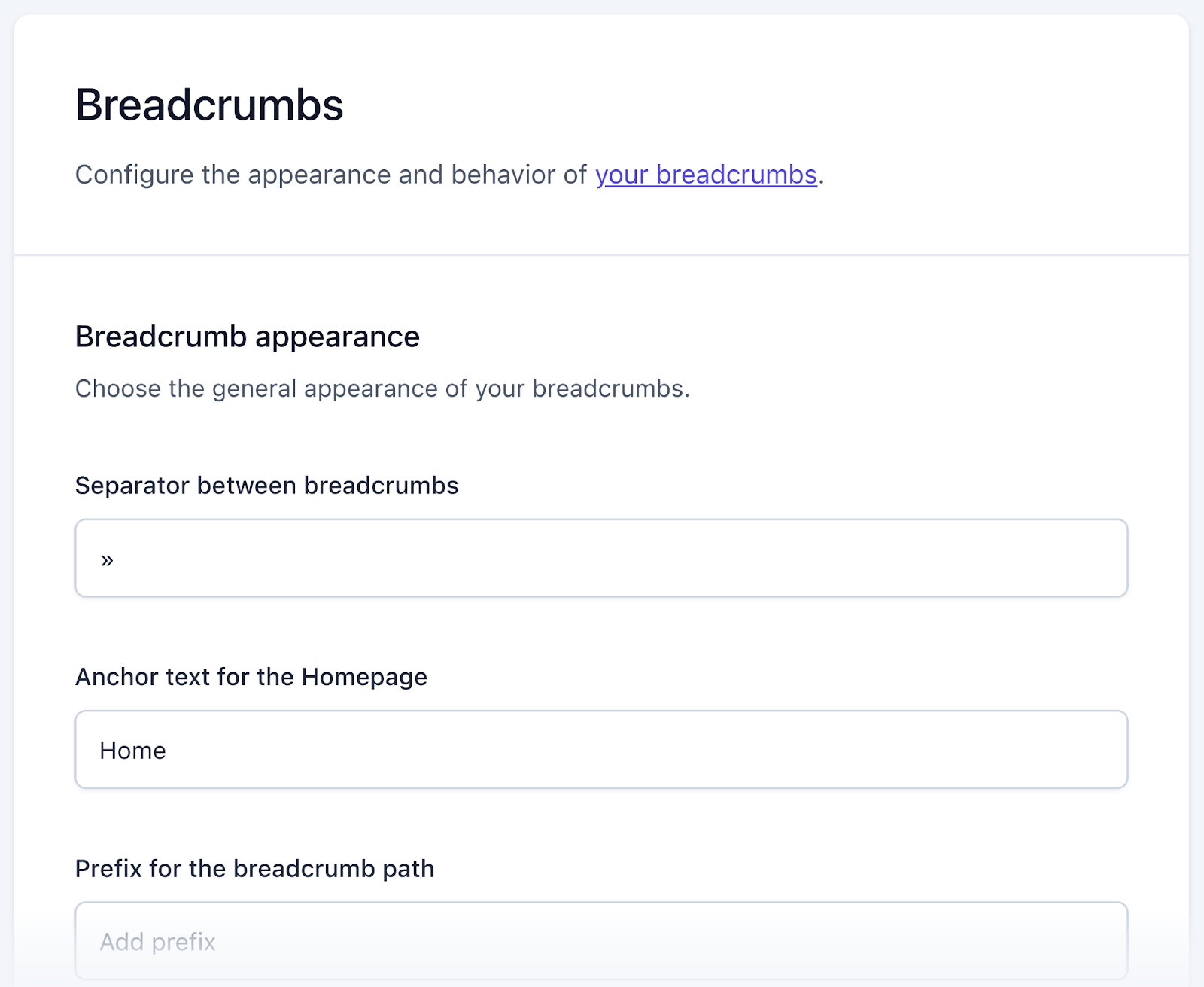 breadcrumbs appearance configuration section