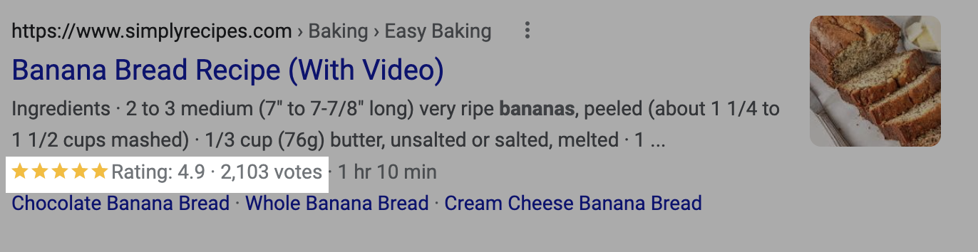 Example of recipe rich snippet that adds a review preview you can optimize for