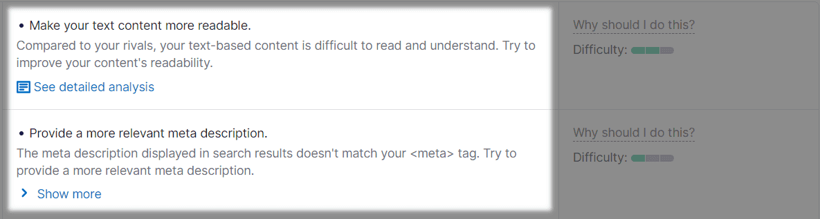 "Make your text content more readable" and "Provide a more relevant meta description" recommendations