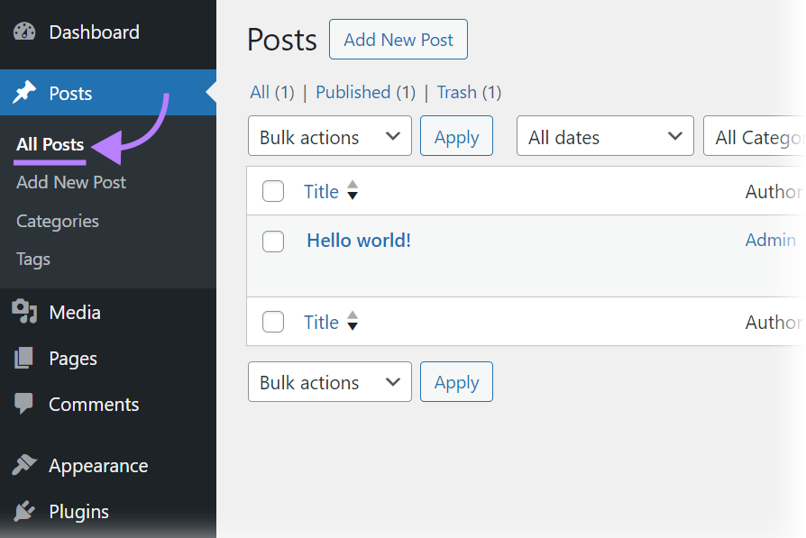 "All Posts" button within WordPress's navigation menu