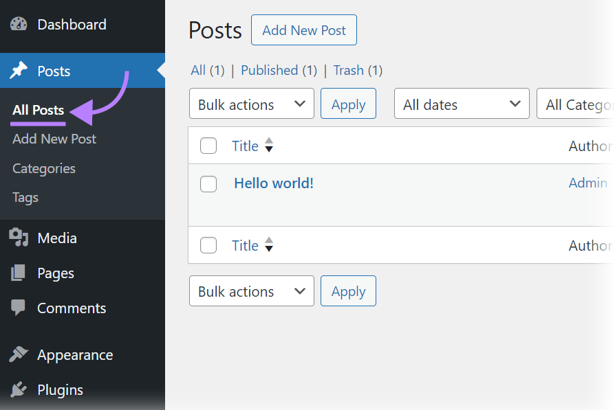 "All Posts" fastener  wrong   WordPress's navigation menu