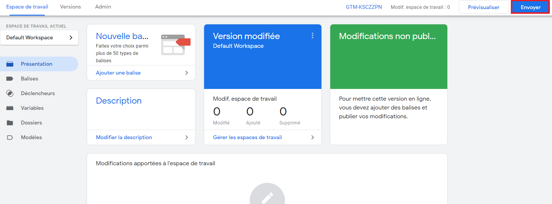 Google Tag Manager espace de travail Envoyer