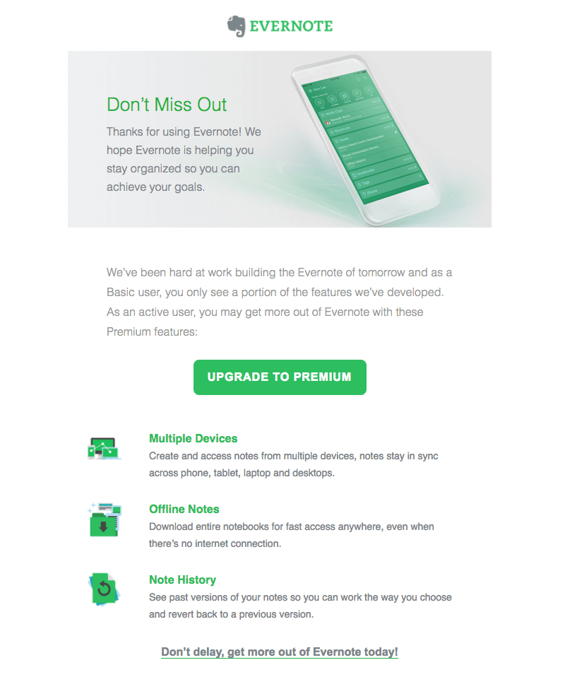 Evernote's email reminding users to upgrade to Premium subscription