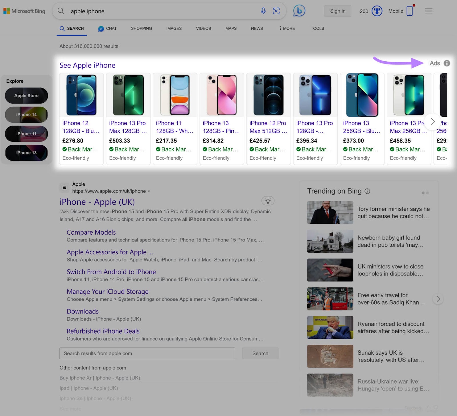 Paid listings connected  Bing's SERP person  “Ads” label