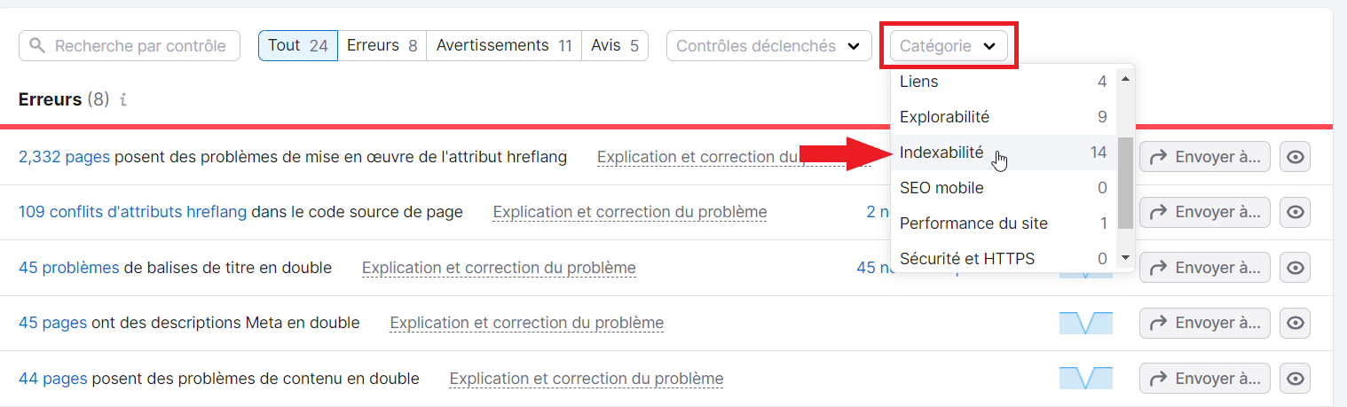 Filtre indexabilité dans Catégorie