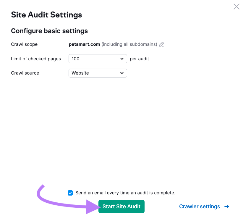 "Site Audit Settings" window