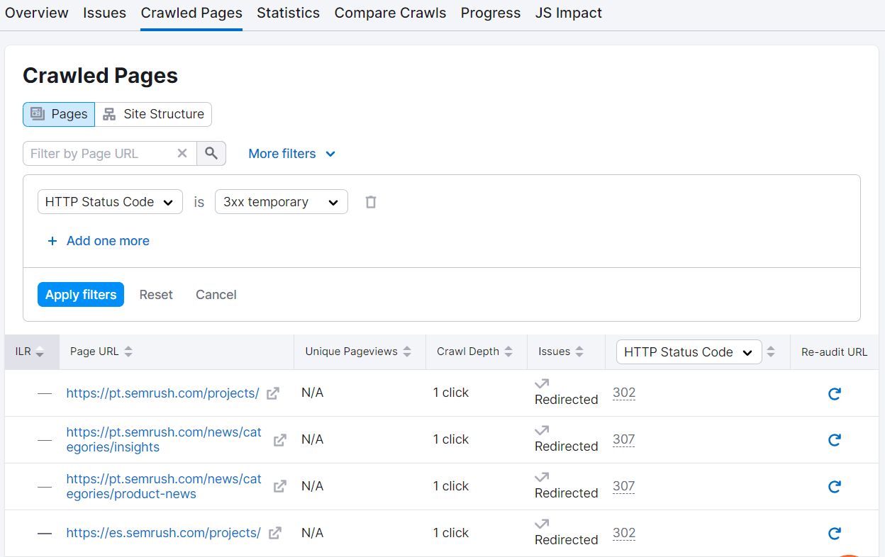 "Crawled Pages" tab in Site Audit