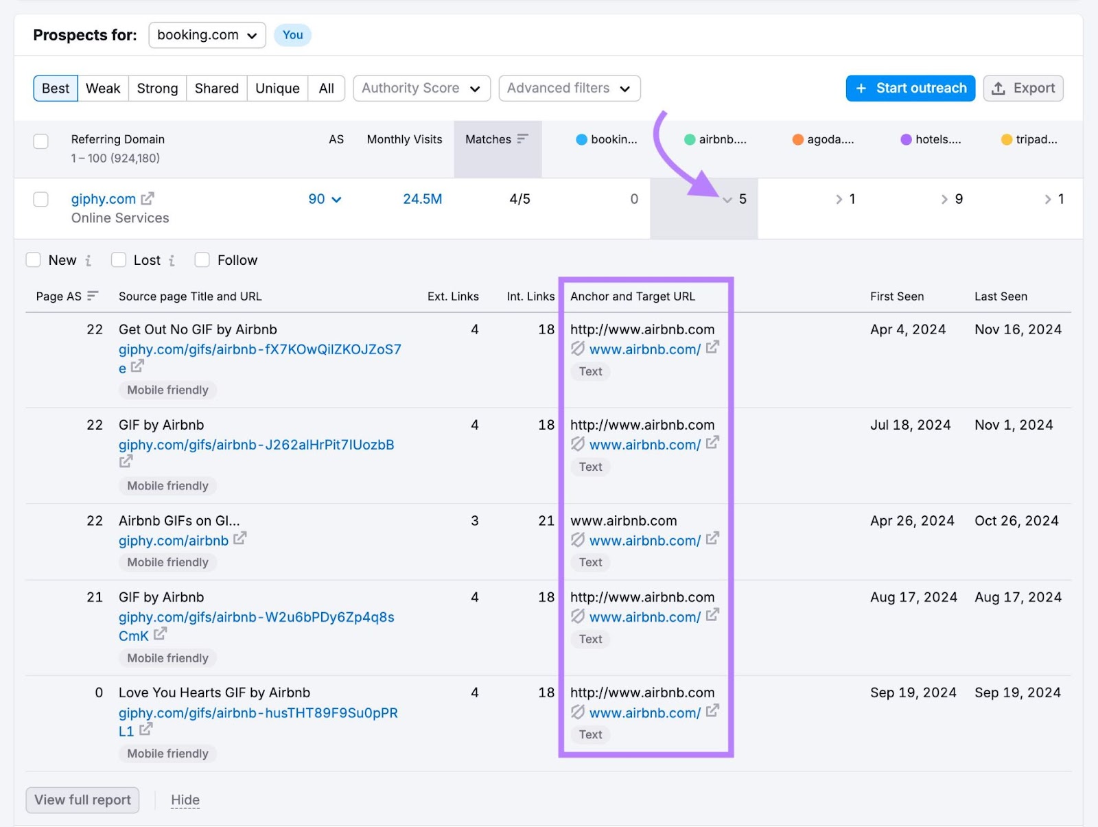 Backlink Gap report with the number below a competing domain clicked showing the specific URLs being linked to.