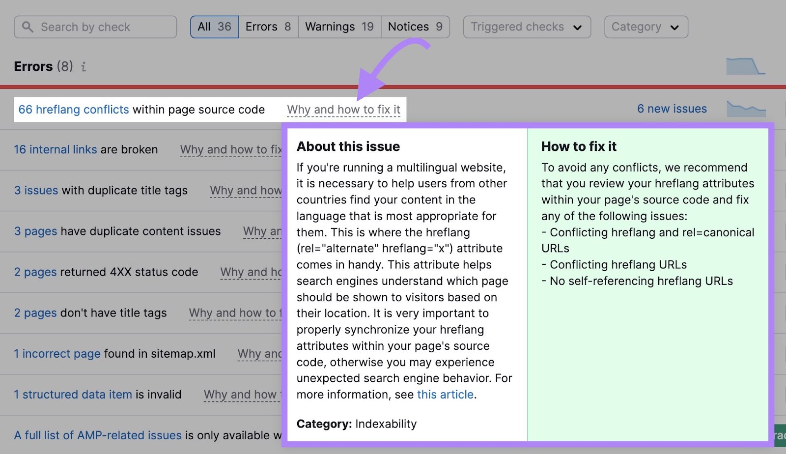 Site Audit Issues with “Why and how to fix it” box opened showing the details of a specific issue and solution to fix it.