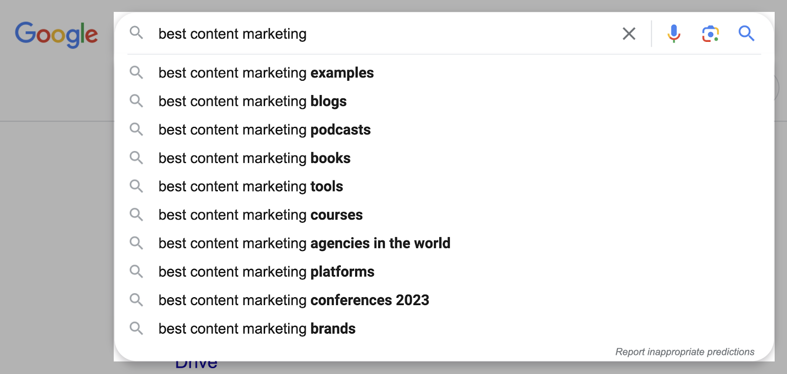 Google’s autocomplete suggestions for "best content marketing" search