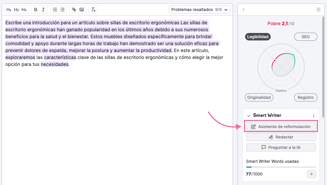 El asistente IA de Semrush te ofrece recomendaciones para mejorar tus textos