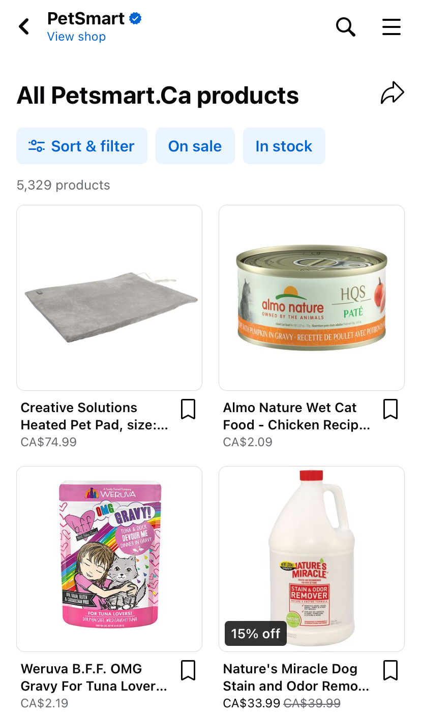 PetSmarts Facebook shop shows products like wet cat food, heated pet pad, tuna gravy, and dog odor remover