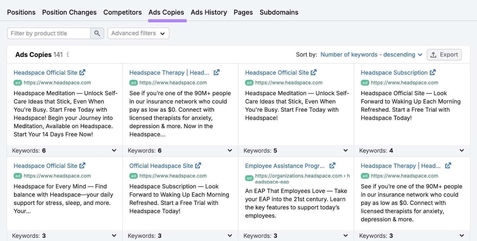 Ads Copies report on the Advertising Research tool showing a list of competitor ads.