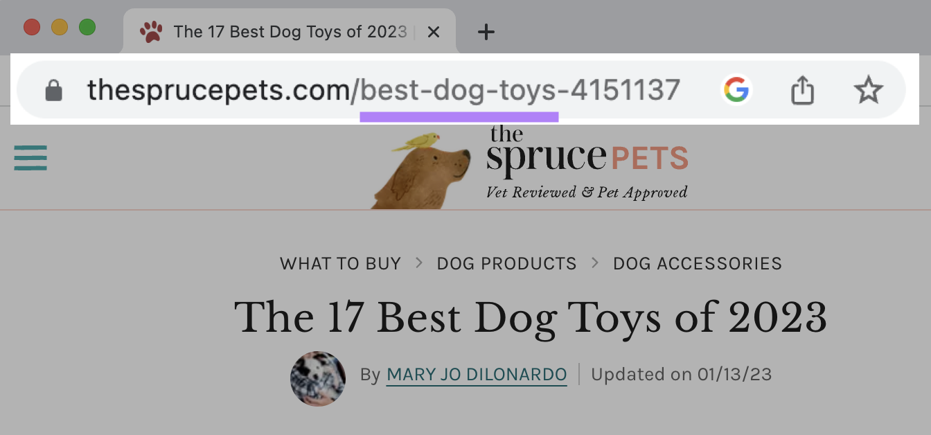 "best-dog-toys" primary keyword included in the URL slug