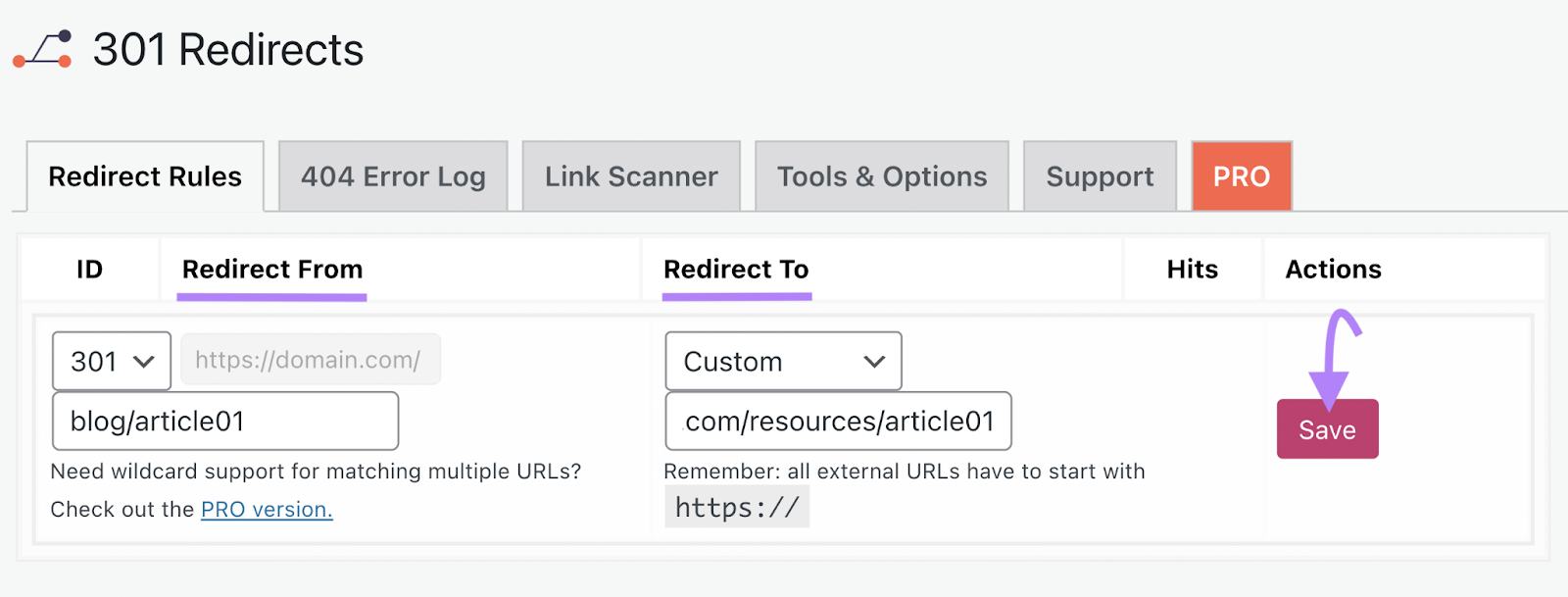 “Redirect Rules” tab with "redirect from" and "redirect to" bars highlighted