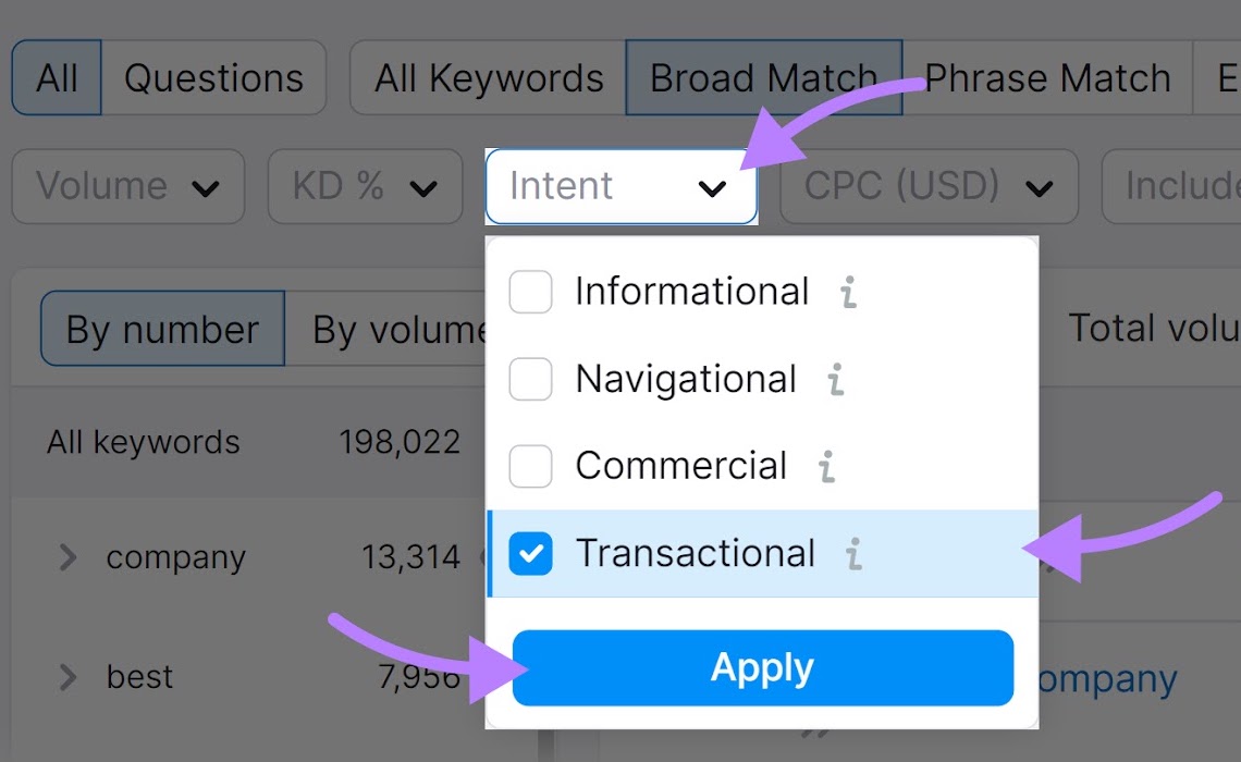 "Transactional" search intent filter selected in Keyword Magic Tool