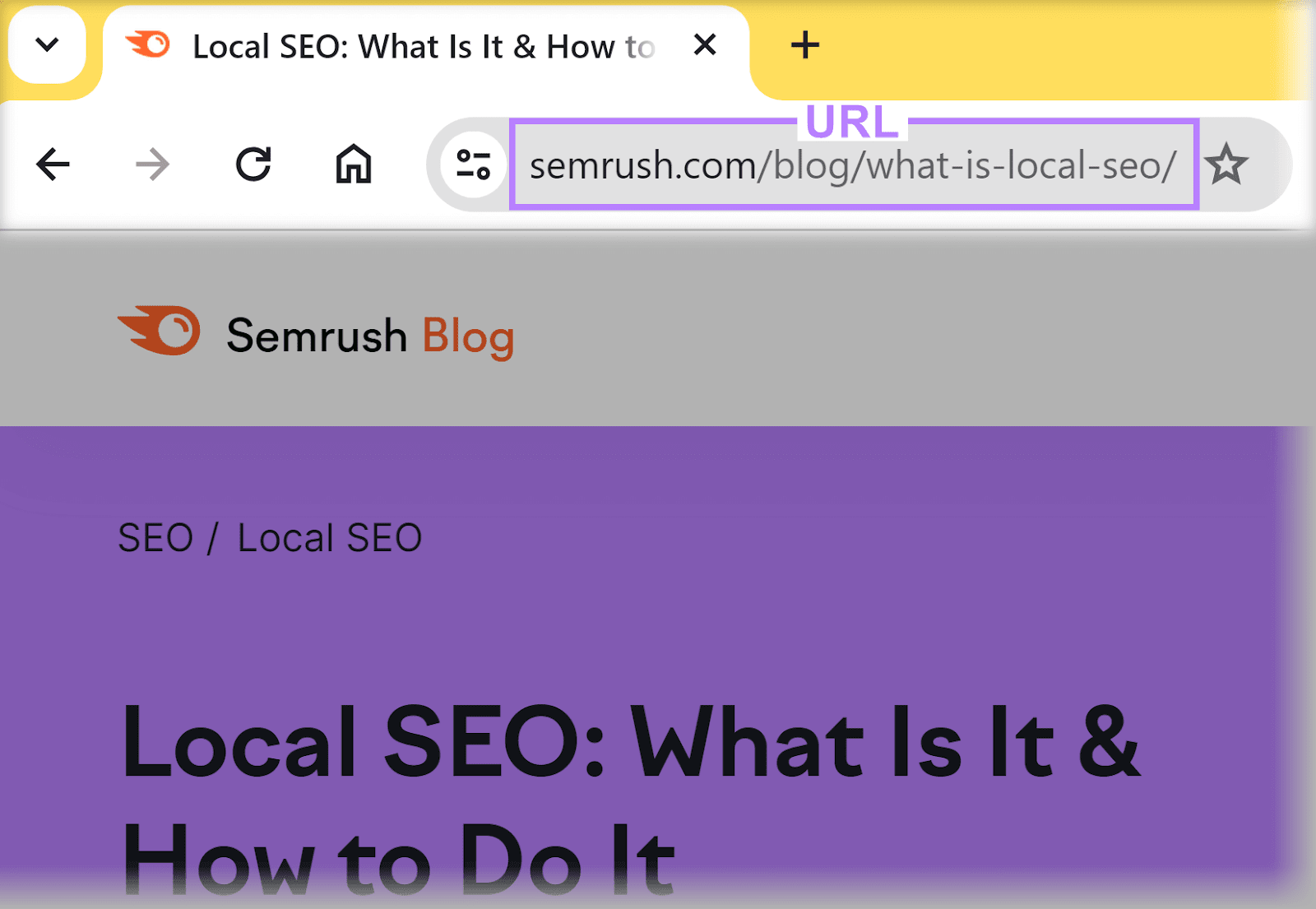 Web browser showing a Semrush blog with a focus on the URL in the address bar.