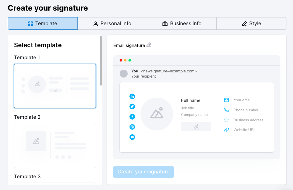 "Create your signature" window in Email Signature Generator