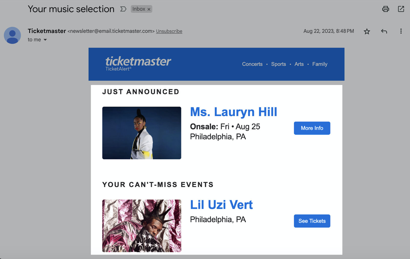 An email from Ticketmaster suggesting events to the user