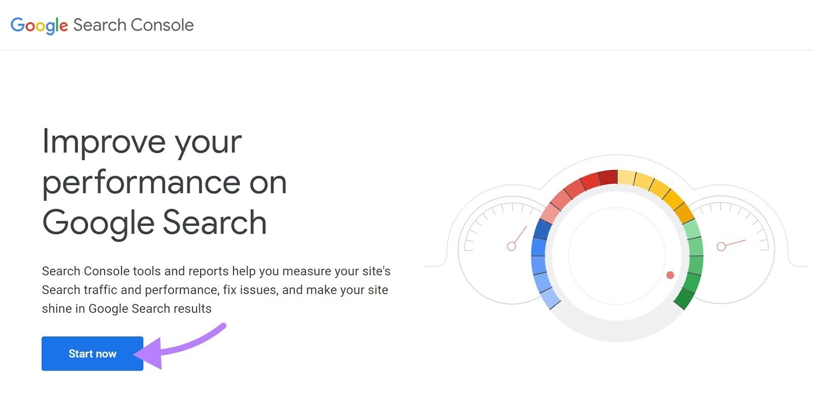 Page de destination de la console de recherche Google