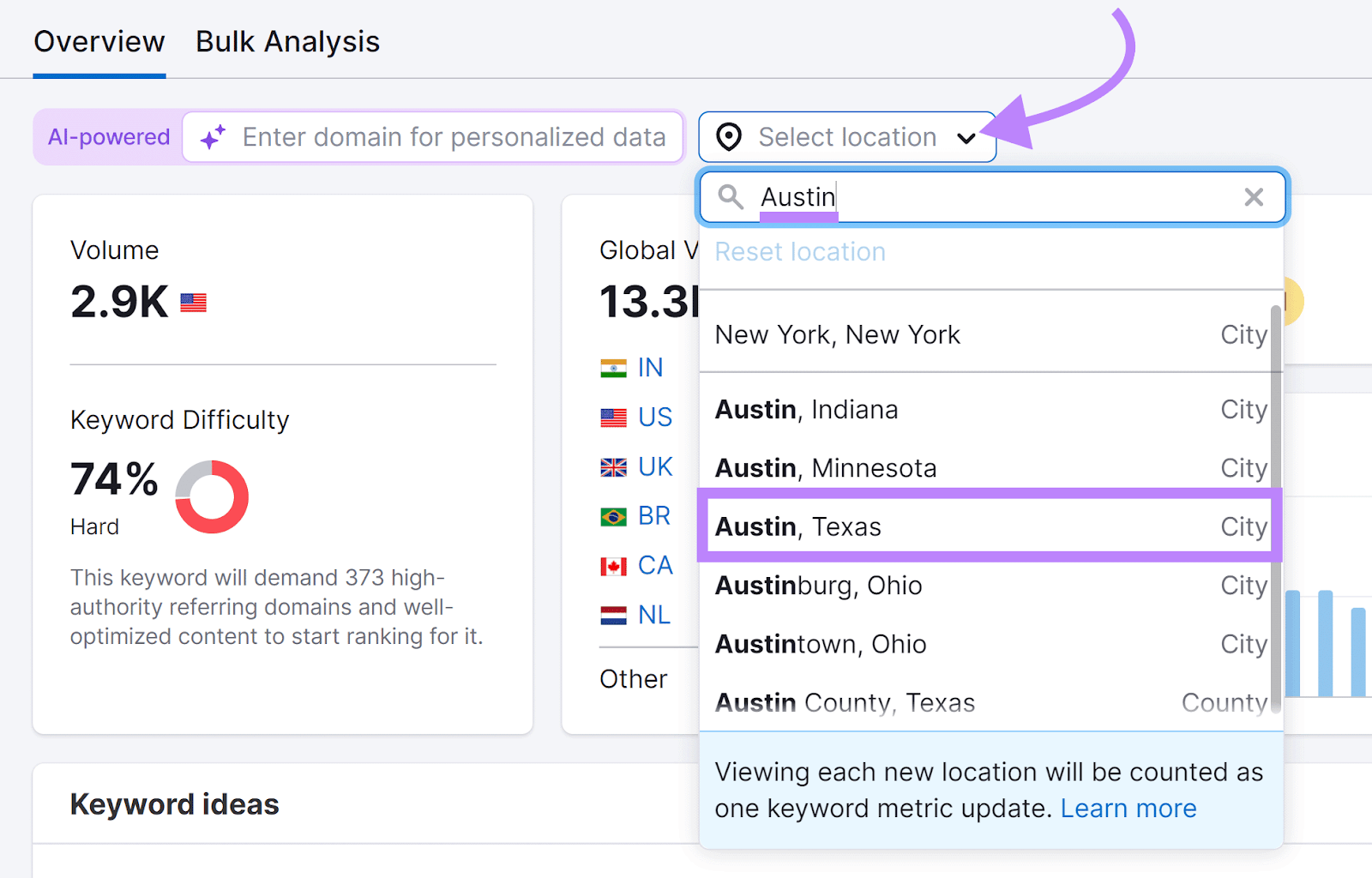 Location dropdown clicked, 'Austin' entered in search field, and Austin, Texas location option highlighted