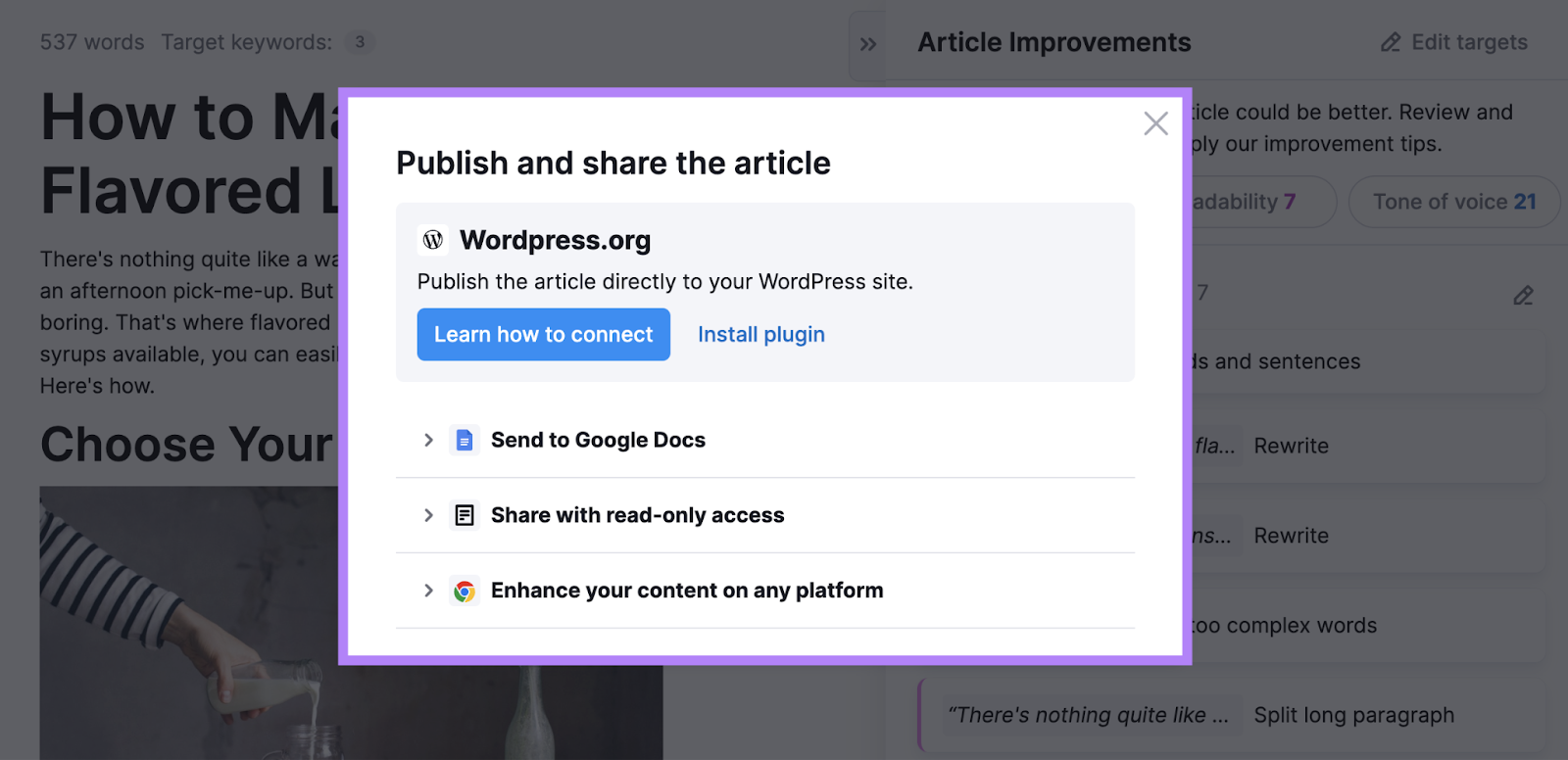 "Publish and share the article" pop-up window in ContentShake AI