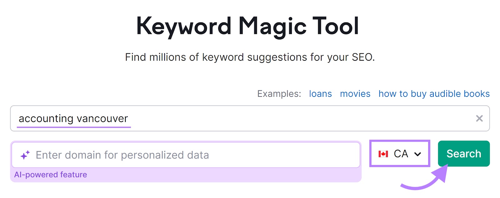 Keyword Magic Tool with "accounting vancouver" keyword, location filter, and "Search" button highlighted