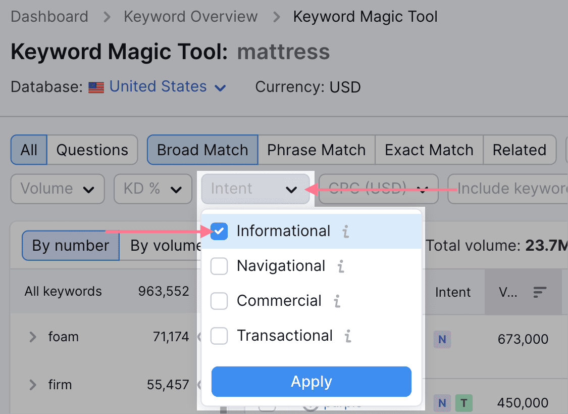 identify keyword intent with Keyword Magic Tool.