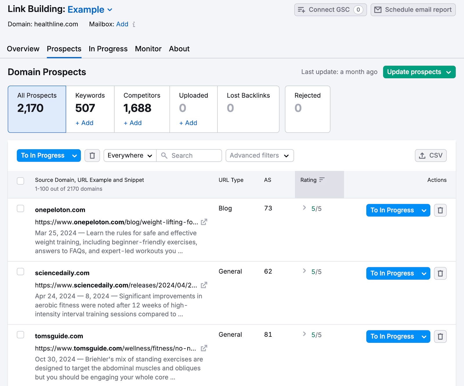 Link Building prospects report shows the source domain, url, and snippet about the site