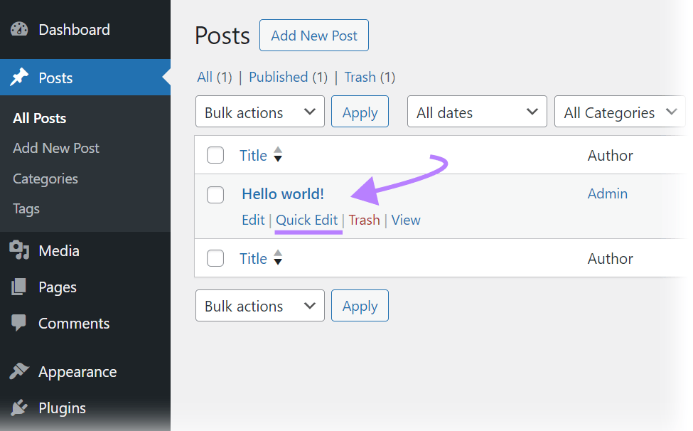 "Quick Edit" button in WordPress, highlighted