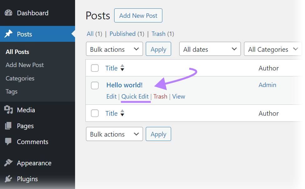 "Quick Edit" fastener  successful  WordPress, highlighted