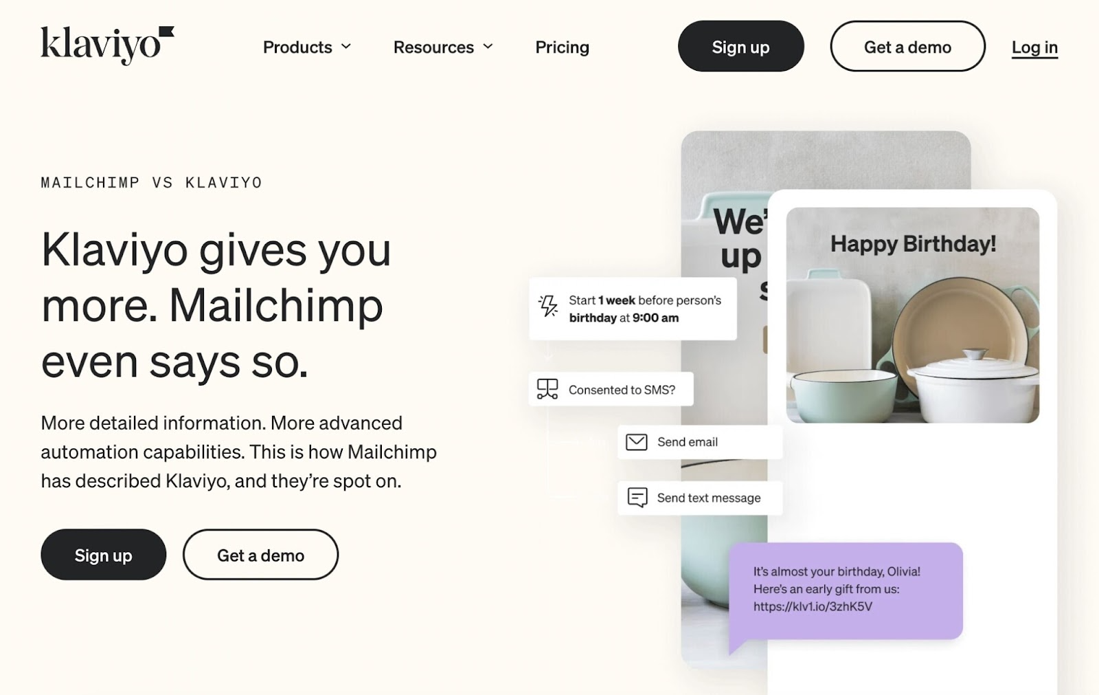 Klaviyo’s landing page highlighting the differences with Mailchimp