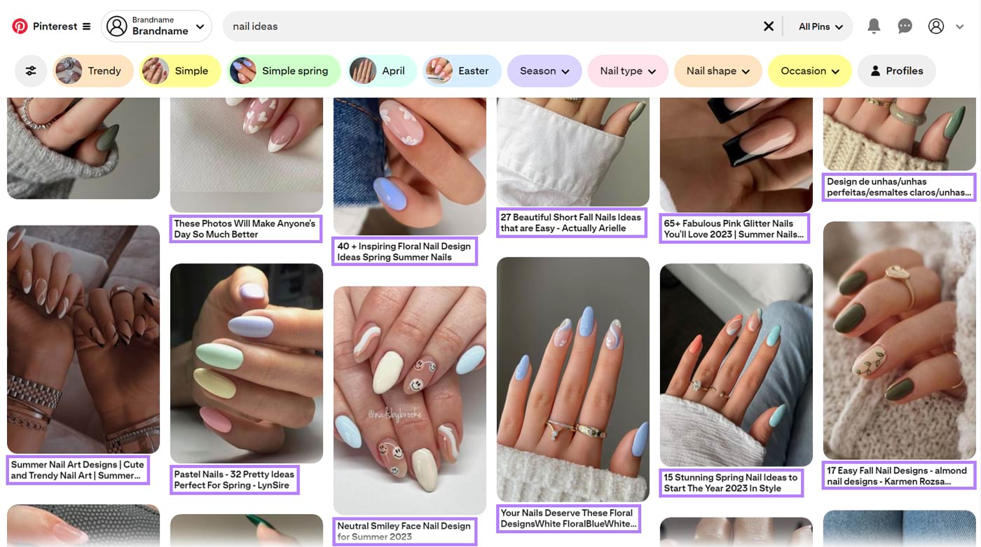 Pinterest search for “nail ideas” showing different Pin titles.