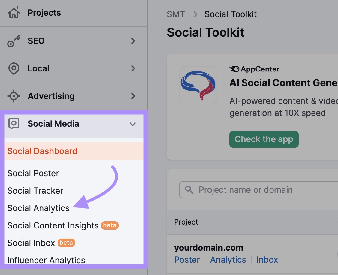 “Social Analytics” selected from the Semrush menu