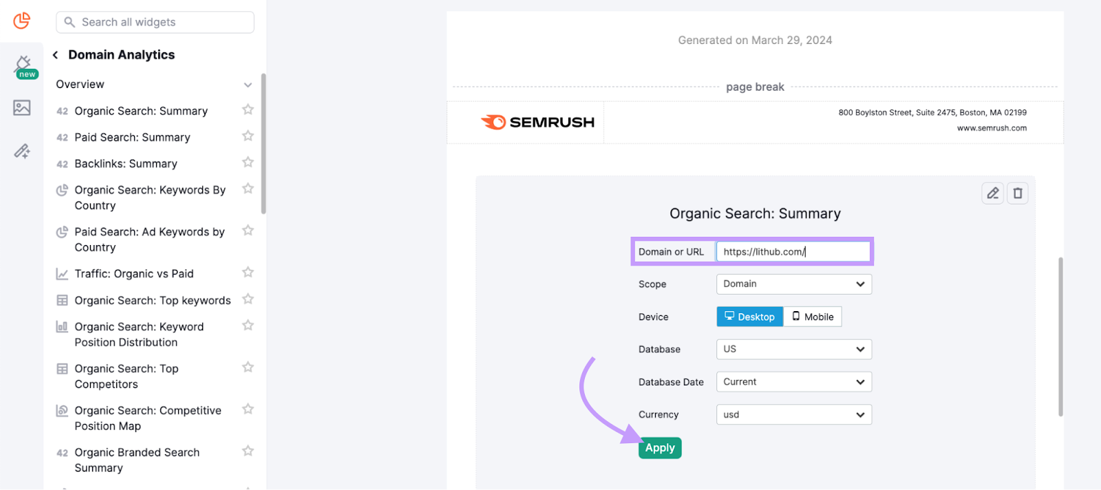 “Organic Search: Summary” widget added to the report