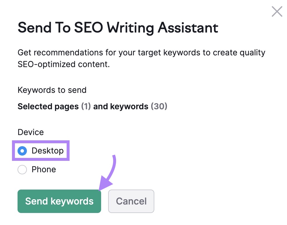 "Send to SEO Writing Assistant" settings with "Desktop" selected as the device and "Send keywords" clicked.