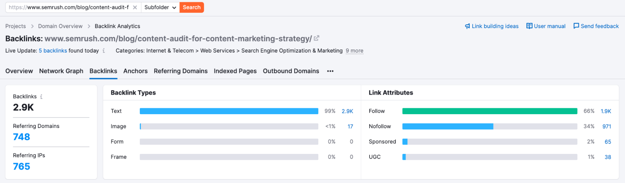 Screenshot of the Backlink Analytics tool interface.