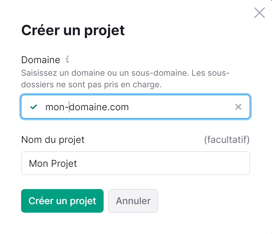 Donner un nom au projet et saisir son domain pour paramétrer un projet