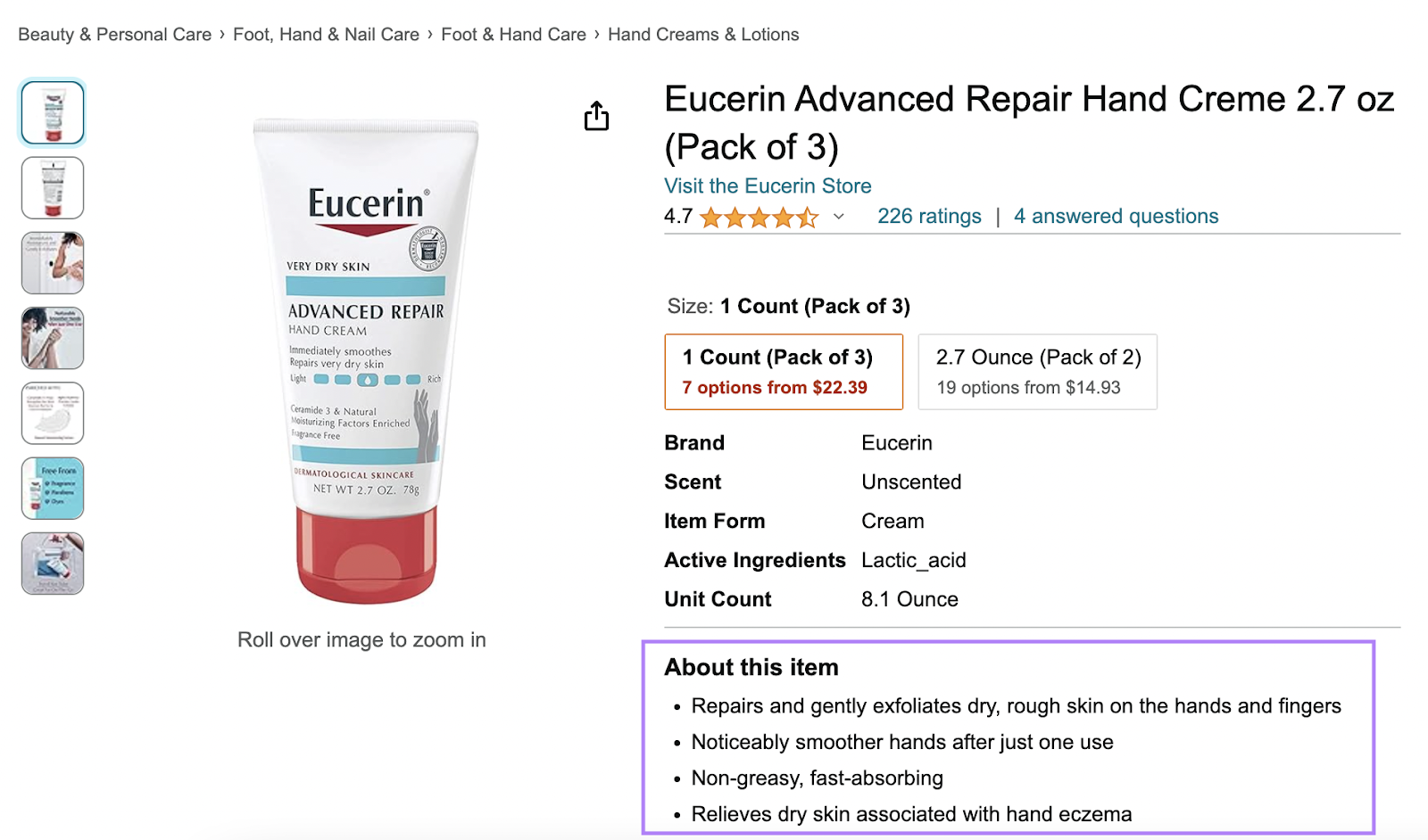 Eucerin’s hand cream listing on Amazon