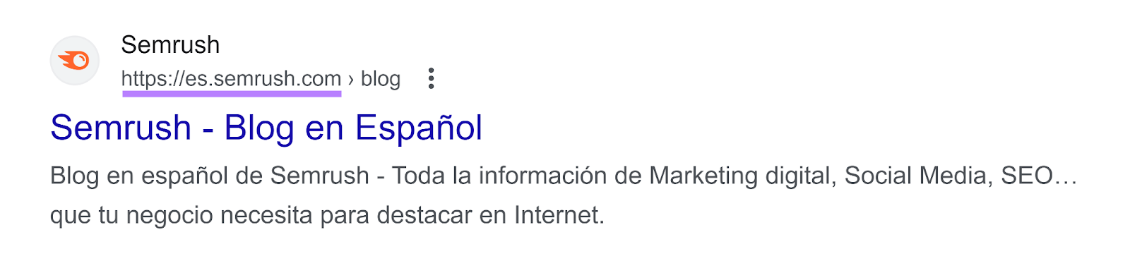 Semrush Blog search result in Spain showing Spanish subdomain.