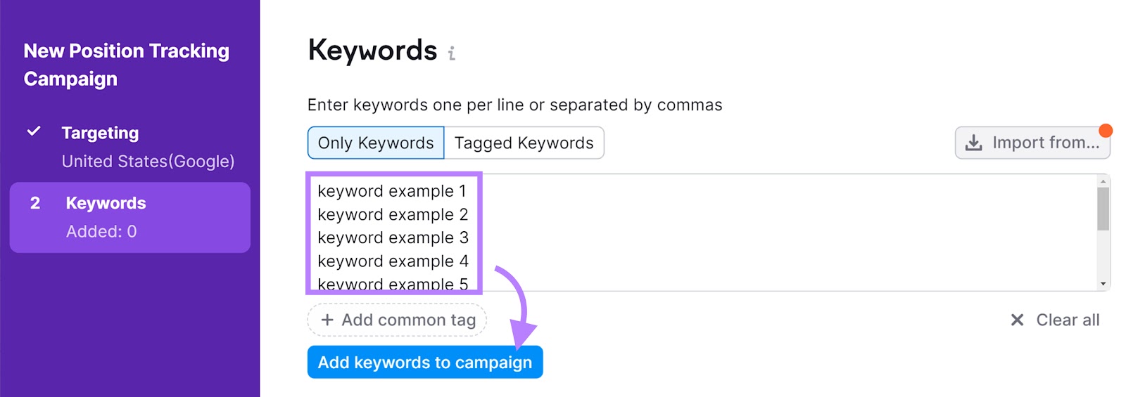"Keywords" tab of the Position Tracking tool with the "Add keywords to campaign" button highlighted.