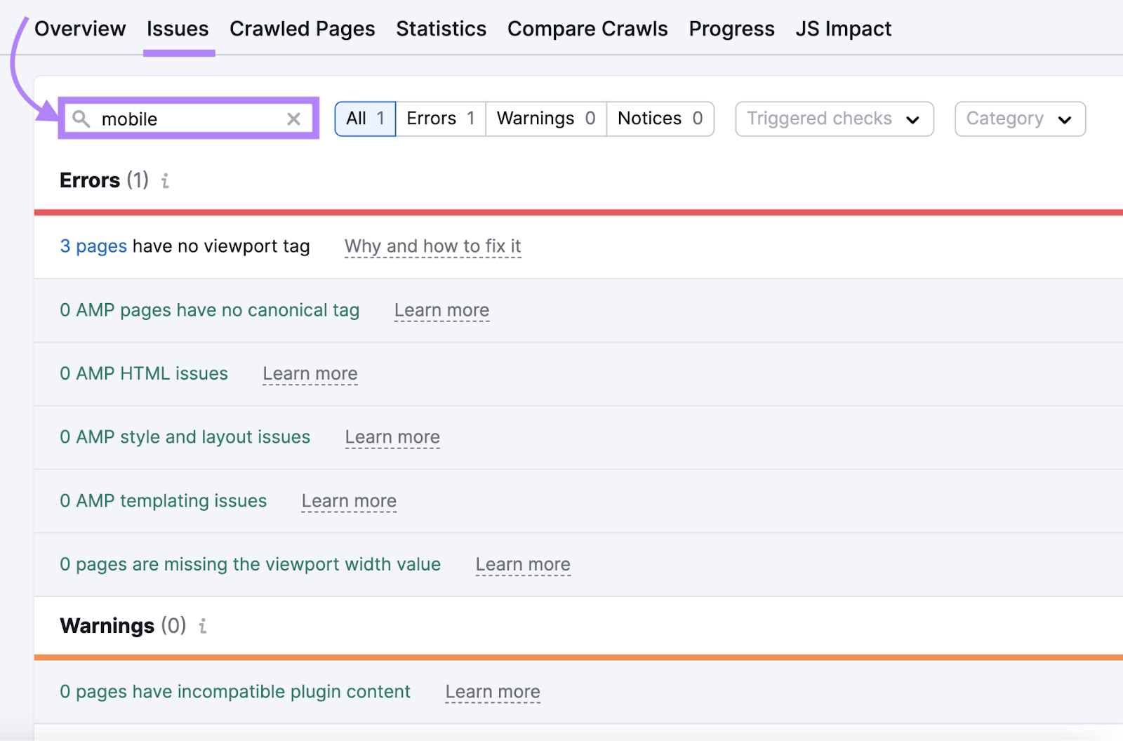 Issues related to mobile performance in Site Audit tool