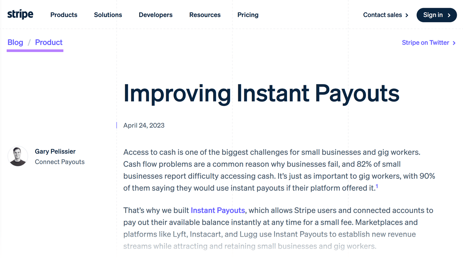 Stripe's product news article on improving instant payouts.